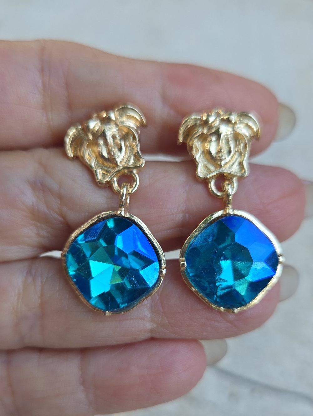 Gold Drop Earrings with Blue Teal Crystal Dangles
